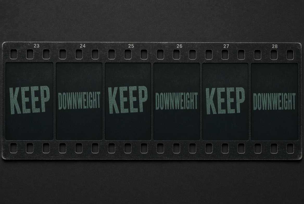 Film strip of driving clips with some frames stamped KEEP and others stamped DOWNWEIGHT.